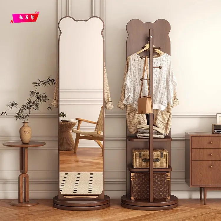 小熊全身镜可移动落地镜家用穿衣镜木质旋转挂衣帽架一体穿衣镜
