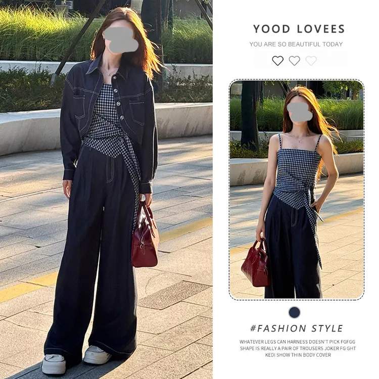 时尚复古套装女2025春秋新款格纹吊带短款外套阔腿裤显瘦三件套潮