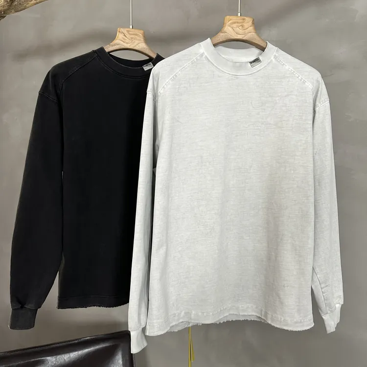 （楠悦）2025秋全棉长袖T恤插肩袖纯色圆领重工水洗复古做旧白搭 潮