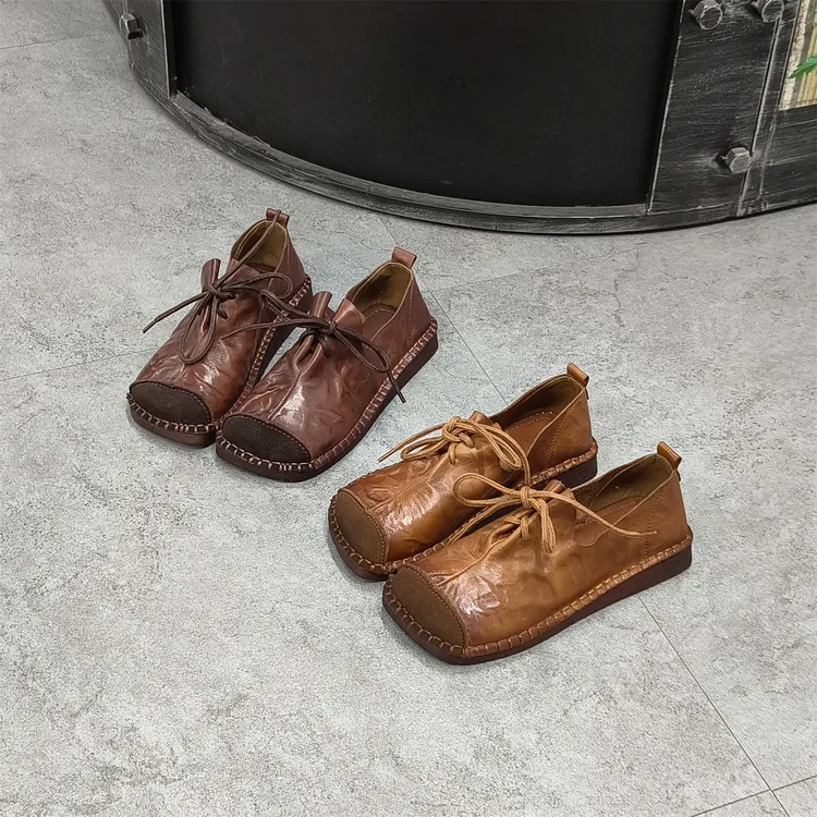 秋季复古风牛皮软底妈妈鞋系带民族风单鞋秋季薄款百搭乐福鞋