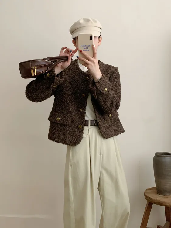 【富养千金】新款秋季小香风短款设计感毛呢外套2615