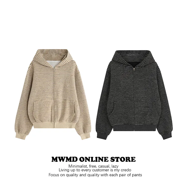 MWMD 早秋新款条纹绒感舒适通勤日常拉链休闲连帽宽松 boxy卫衣
