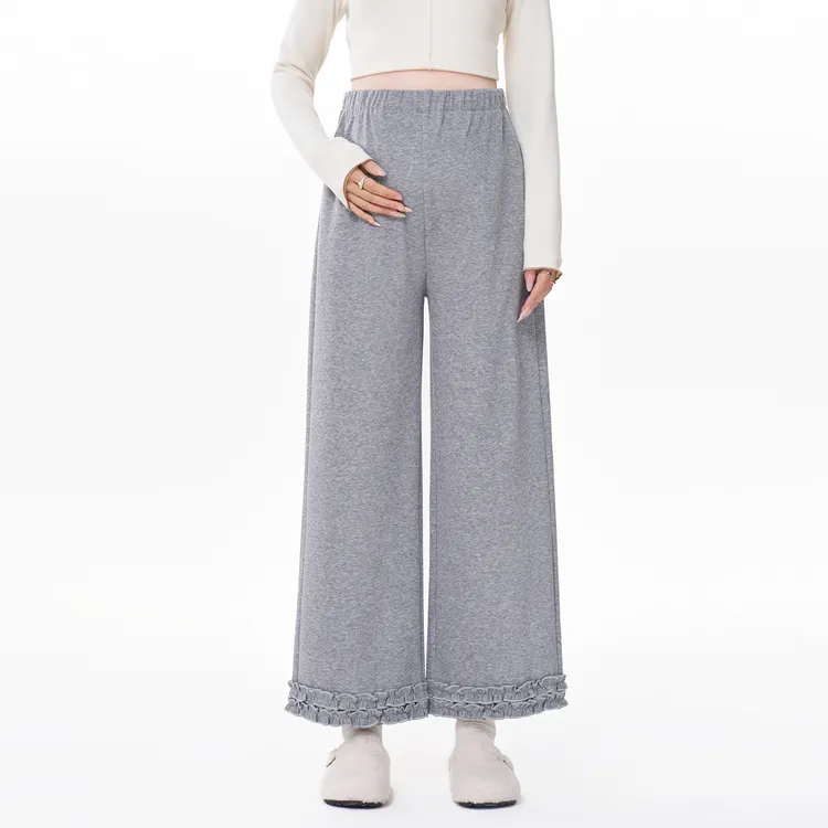 孕妇阔腿裤秋冬外穿仿羊绒加绒加厚休闲裤木耳边九分裤