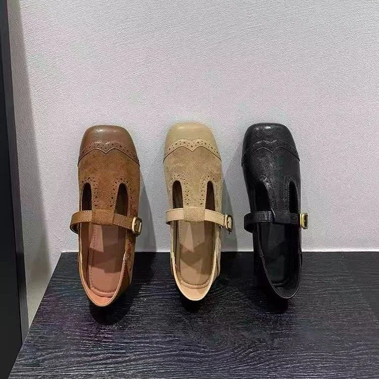 2025秋季复古棕色方头玛丽珍鞋芭蕾舞鞋仙女风平底女鞋浅口单鞋