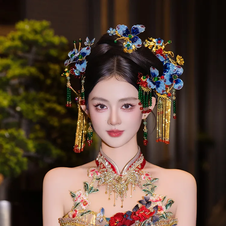 合金婚庆饰品 新中式新娘手工秀禾复古旗袍国风景泰蓝配饰品D0632