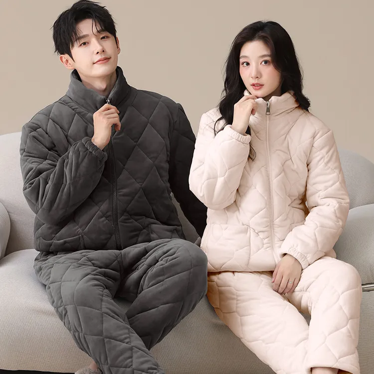 冬季新款三层夹棉加厚毛绒保暖情侣时尚休闲睡衣家居服加绒宽松