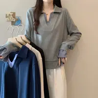 2025秋季新款胖mm大码女撞色假两件翻领条纹套头卫衣上衣36166