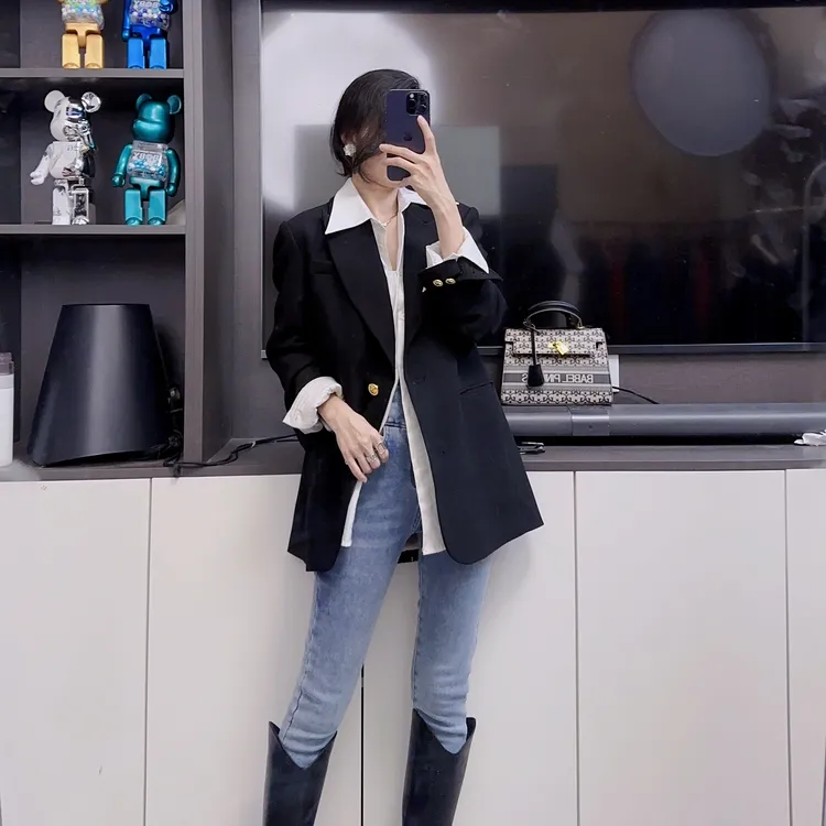 小乖逃黑色西装韩版西装外套西服大衣休闲221101