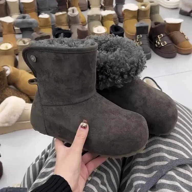 内增高雪地靴女款冬季加绒灰色磨砂皮可翻折两穿舒适平底勃肯棉靴