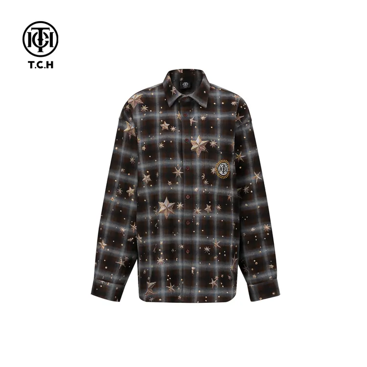 《店播专用》潮牌设计高街烫钻格子衬衫外套男女同款T75A136011