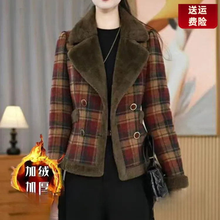 俞兆林中年妈妈秋冬新款加绒加厚皮毛一体格子外套女时尚洋气小