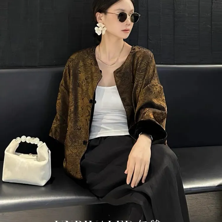 两面穿（丝绒面 浮光锦缎面）新中式国风外套女新款休闲撞色提花刺