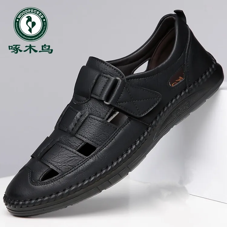 啄木鸟男士凉鞋夏季新款透气牛筋底凉皮鞋男款包头镂空爸爸洞洞鞋