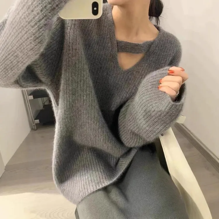 秋冬新款时尚V领宽松女廓形打底衫大码针织衫纯色毛衣套头针织衫1