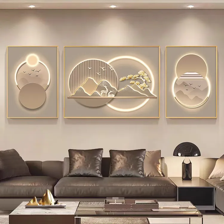 现代轻奢客厅装饰画高端大气沙发背景墙挂画2025新款山水三联壁画