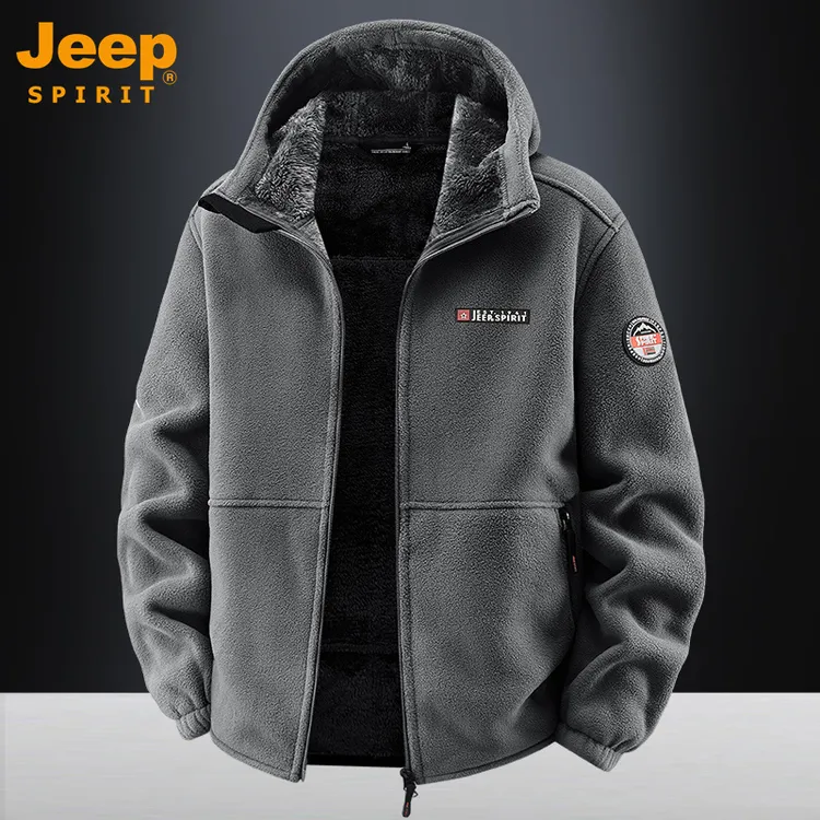 JEEP吉普摇粒绒外套男秋冬季保暖户外连帽抓绒衣大码夹克加绒卫衣