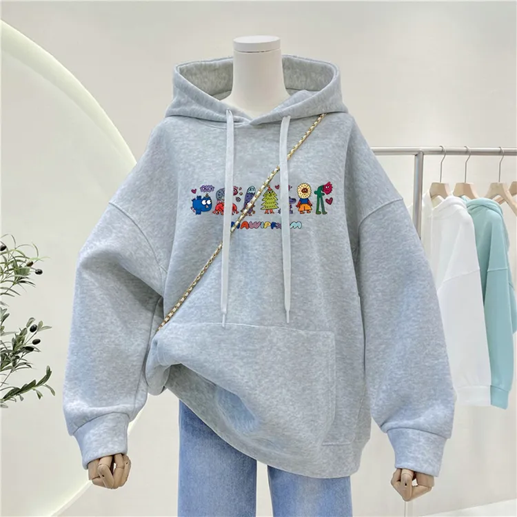 宽松大码连帽加绒加厚秋冬季卫衣女装设计感小众胖mm显瘦遮肚外套