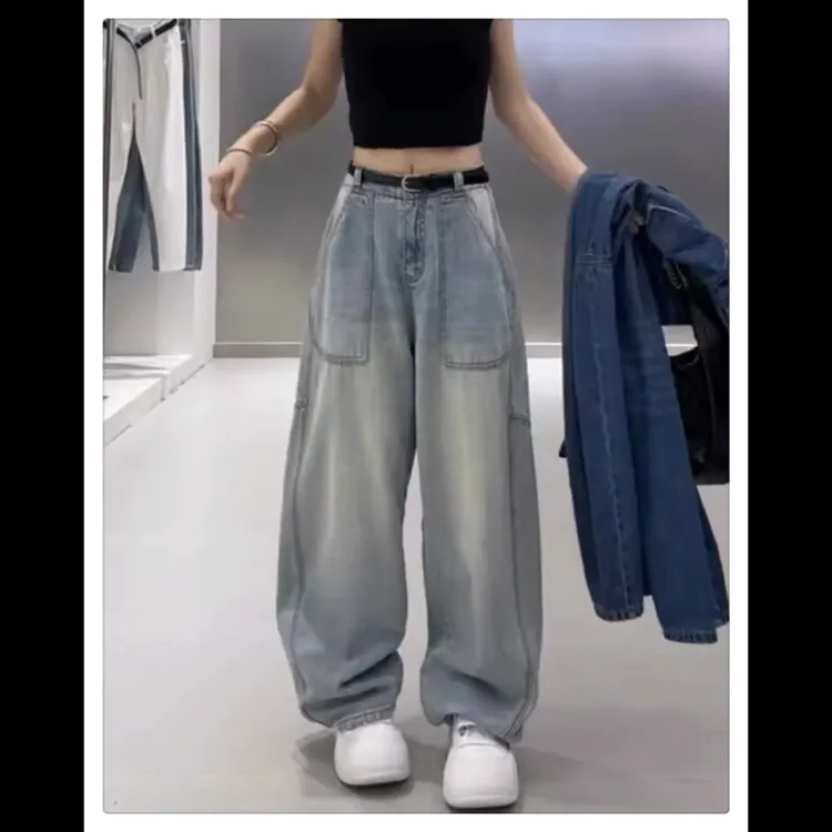 大码弯刀牛仔裤女2025年新款设计感宽松阔腿裤拖地长裤子
