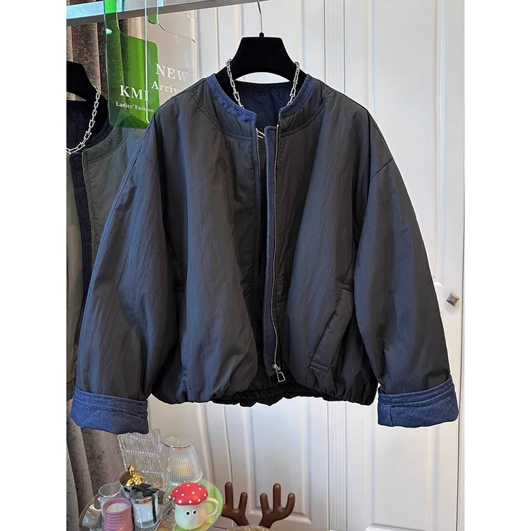 秋冬新款设计感慵懒牛仔拼接宽松显瘦纯色圆领拉链棉服女大码外套