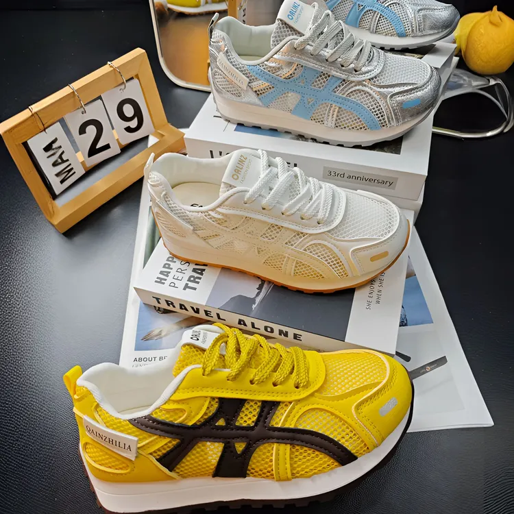 【推荐】2025欧若风阿甘鞋发财黄新款透气鞋网面女夏季运动鞋厚底鞋