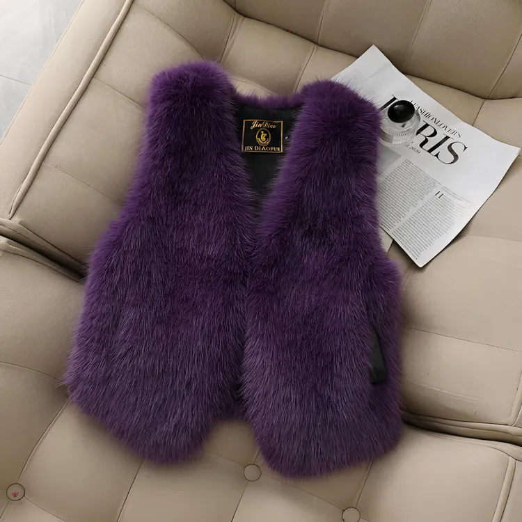 狐狸毛皮草马甲加厚短款显瘦时尚马夹女紫色百搭绒毛外套马甲仿毛
