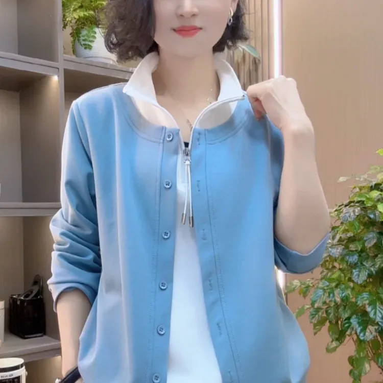 2025春季新款高级感假两件拉链时尚休闲长袖百搭打底衫女上衣2523