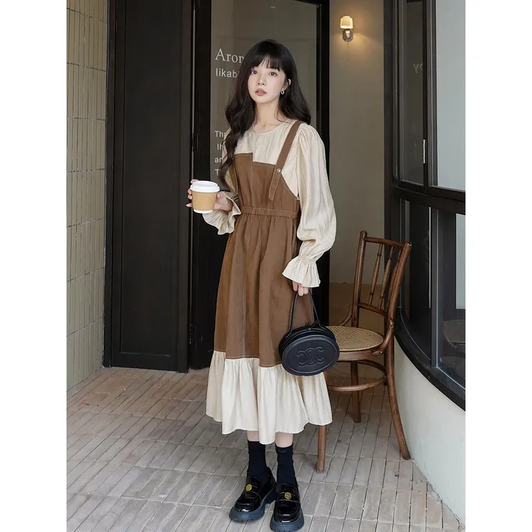 法式春秋裙子长袖假两件背带连衣裙女2025新款高级感长裙小个子