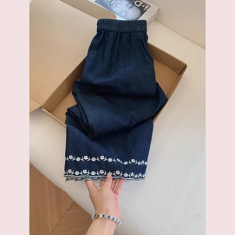 新中式国风刺绣八分窄版直筒休闲裤宽松小个子女夏薄款阔腿梧桐裤