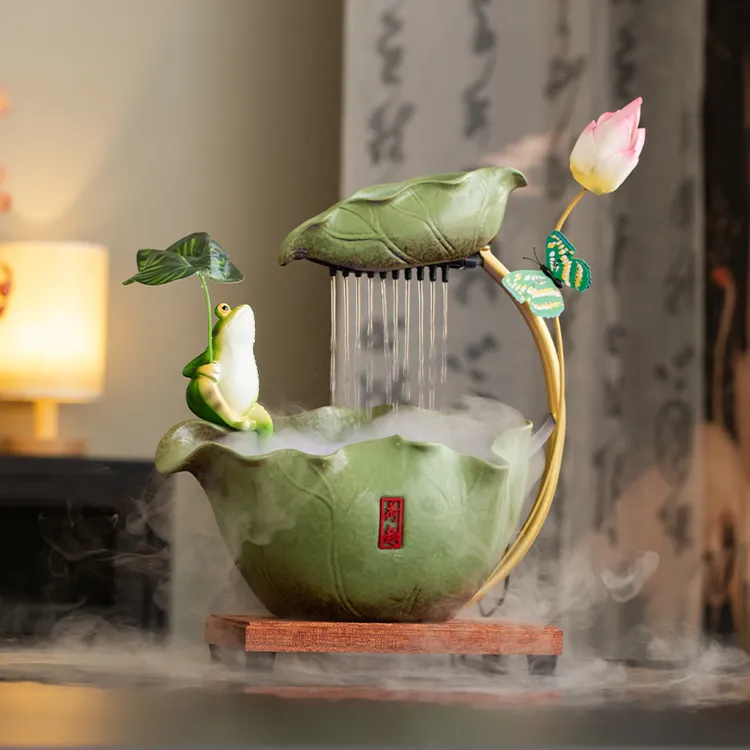 荷花流水生财摆件循环水创意招财客厅电视柜新居装饰桌面乔迁礼品