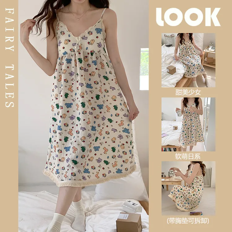 夏季少女风日系可爱吊带睡裙夏天甜美棉质纱布长裙睡衣女家居服