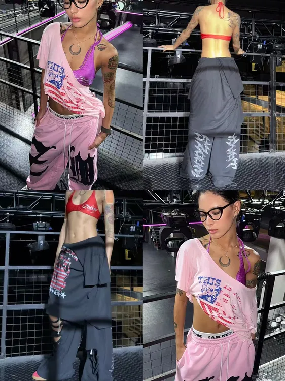 Thisiszoom美式休闲星条旗斜肩短袖一衣多穿