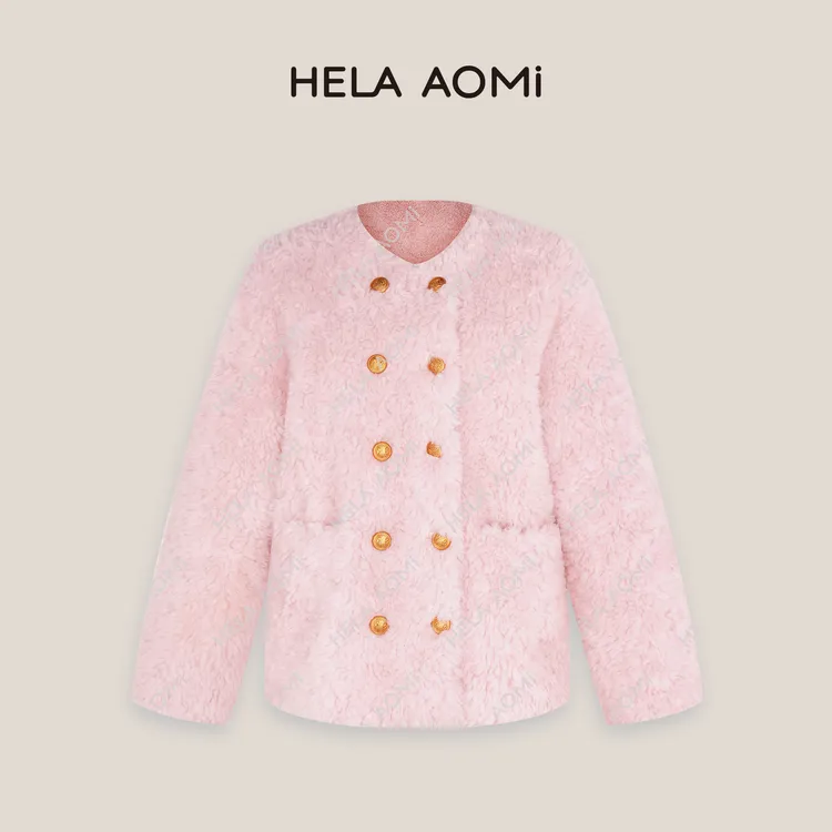 HELAAOMI “双排扣全羊毛”双排小香风金扣毛毛外套CY4DM00528