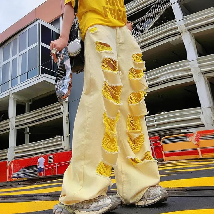 美式大面积破洞牛仔裤女2025新款时尚小众痞帅炸街风宽松阔腿裤子