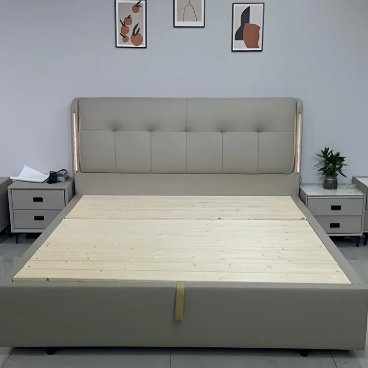 现代简约主卧大床婚床触摸感应灯床头层牛皮家用高箱（919-2款）
