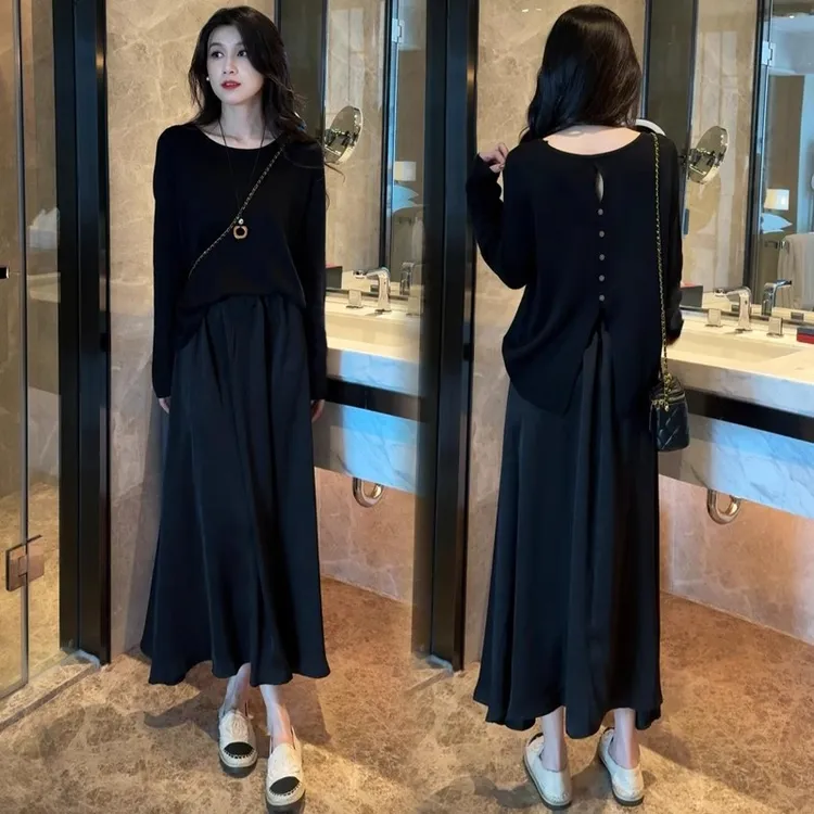 开叉后背纽扣设计显瘦针织上衣女+垂坠显瘦高腰半身裙两件套套装