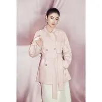 MandyZhang粉色高级绵羊毛双面呢大衣套女秋冬季气质束腰毛呢外套
