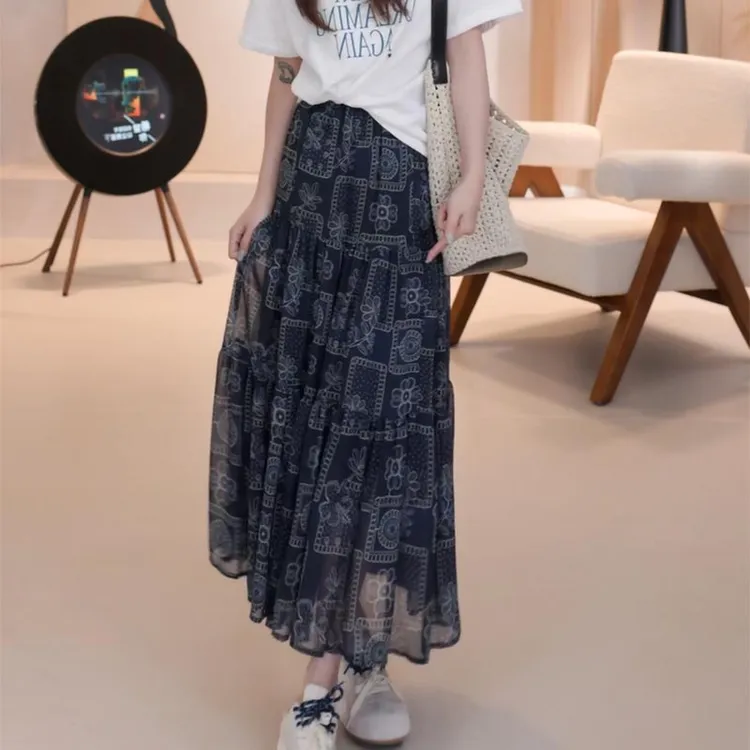 2025夏季新款小众百搭长裙复古风高腰显瘦花朵印花设计感半身裙女