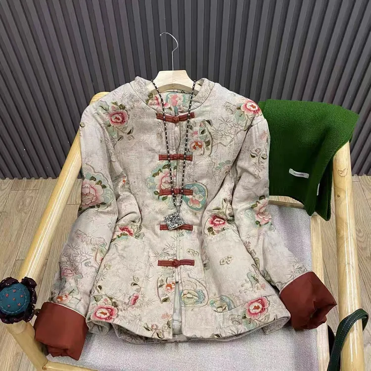 秋季时尚新中式复古洋气夹棉棉衣印花立领盘扣文艺百搭气质外套女