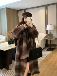 格纹围巾慵懒风中长款羊毛大衣037