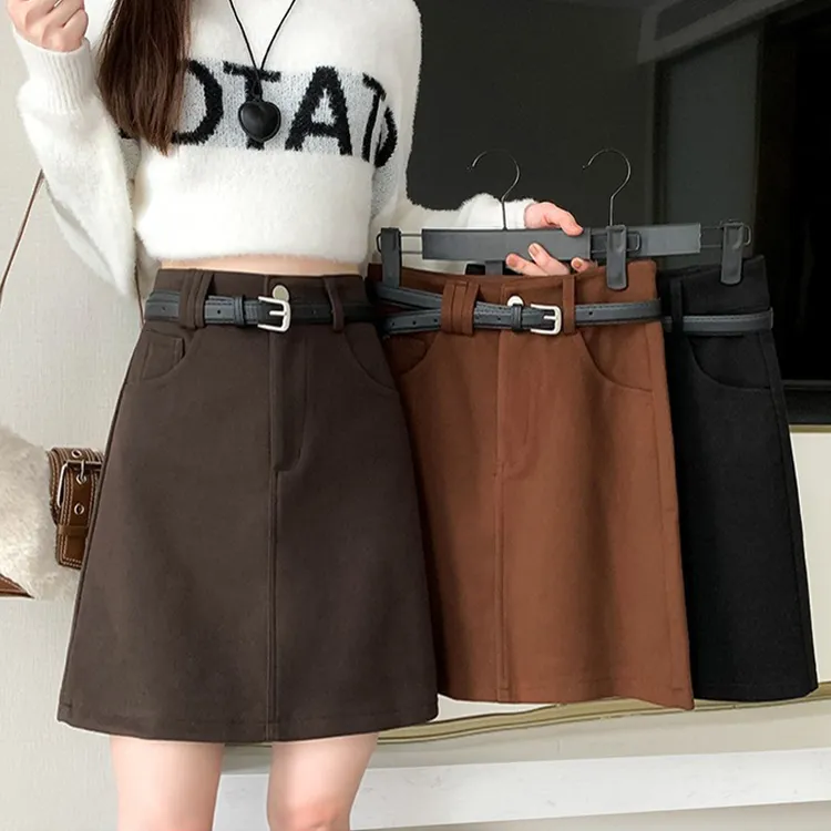 毛呢口袋半身裙秋冬款大码遮肚高腰显瘦梨形a字裙加厚中裙