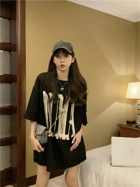 黑色休闲衣服女慵懒风短袖t恤女宽松韩版中长款薄款潮牌夏季上衣