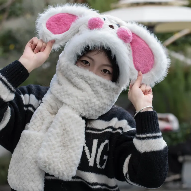 可爱大耳朵帽子围巾手套三件套秋冬新款护耳帽百搭加厚保暖套头帽