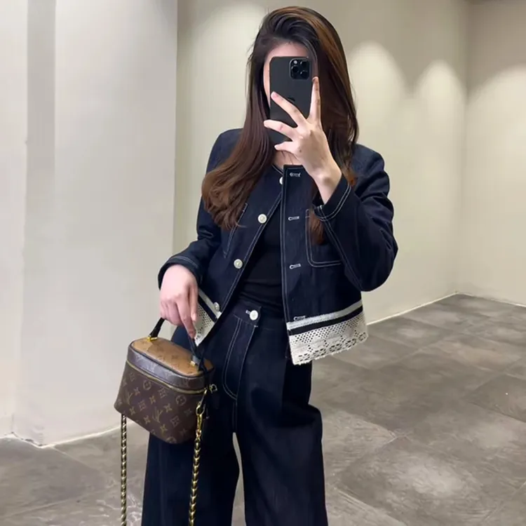 现货 设计师款 牛仔套装女2025春季新款蕾丝边外套阔腿裤两件套