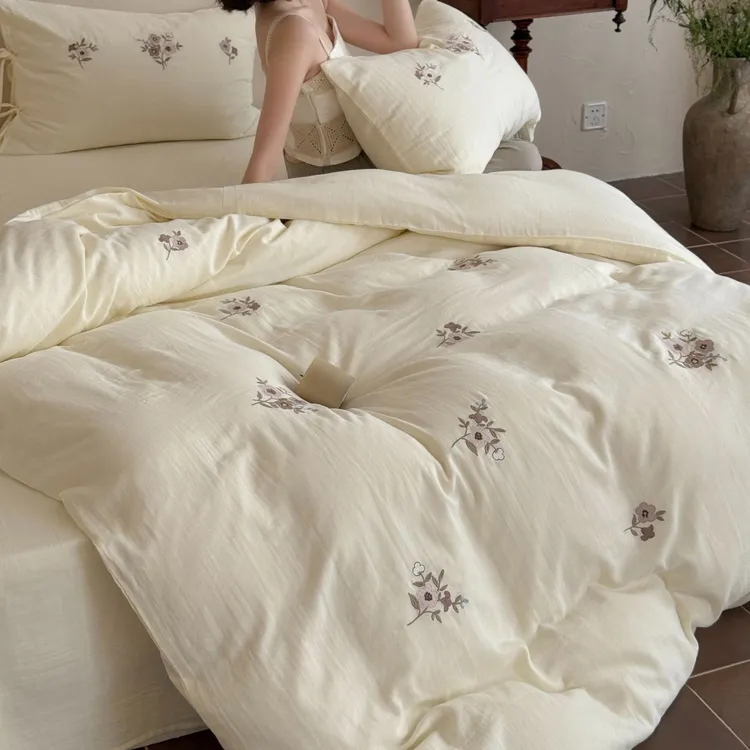 少女心高级感全棉皱皱纱四件套精密刺绣纯棉被套床单亲肤柔软床品