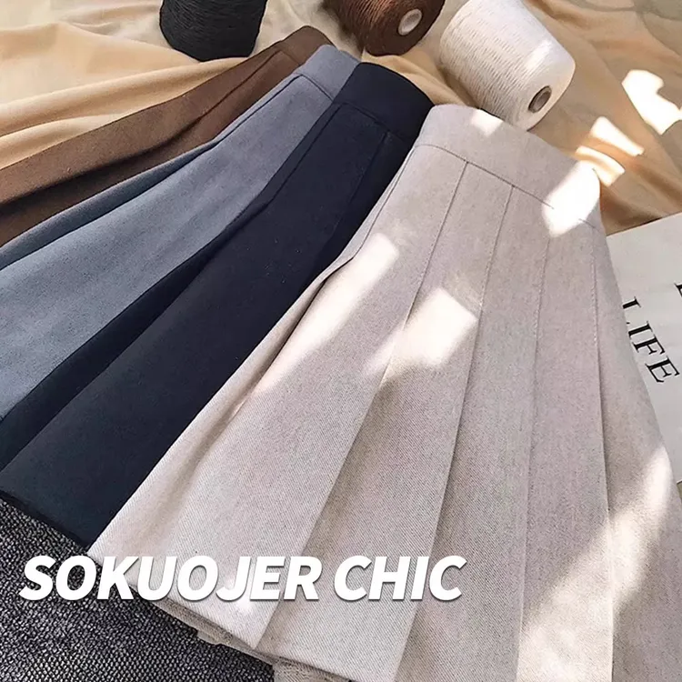 小个子百褶半身裙女高品质秋冬半身裙毛呢加厚高腰短裙显瘦a字裙