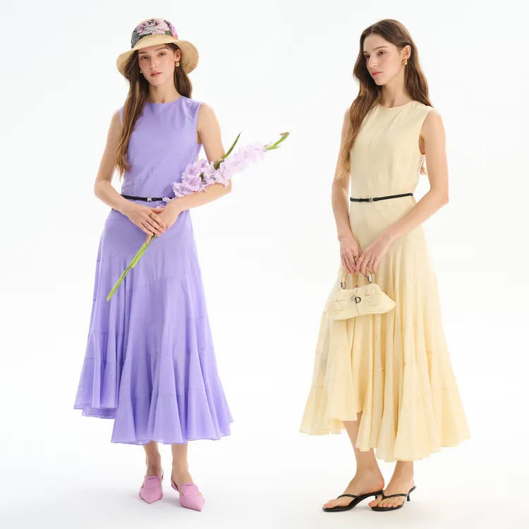 YIMAIMAI法式假日圆领无袖不规则大摆长款连衣裙奢侈品连衣裙