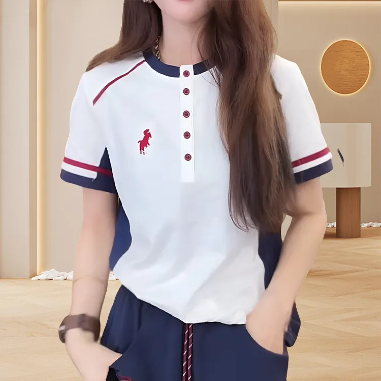 韩版学院风圆领T恤休闲ins短袖夏季新款百搭撞色拼接半纽扣上衣女