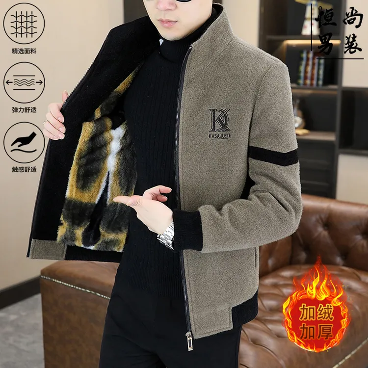冬季新款加绒加厚立领夹克男韩版潮流帅气短款毛呢大衣外套