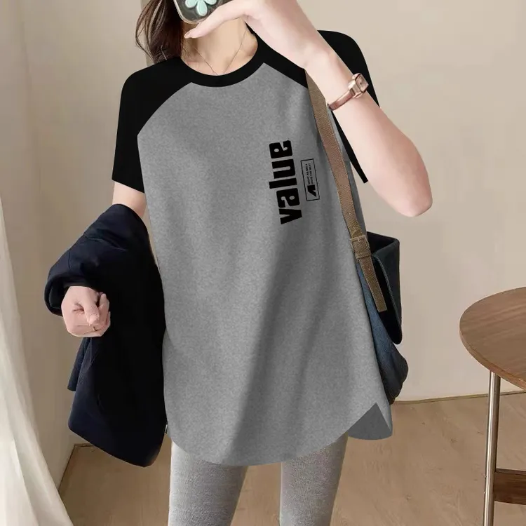 新潮风中长款宽松夏季大码拼接圆领拼接撞色遮臀遮肚子大码T恤