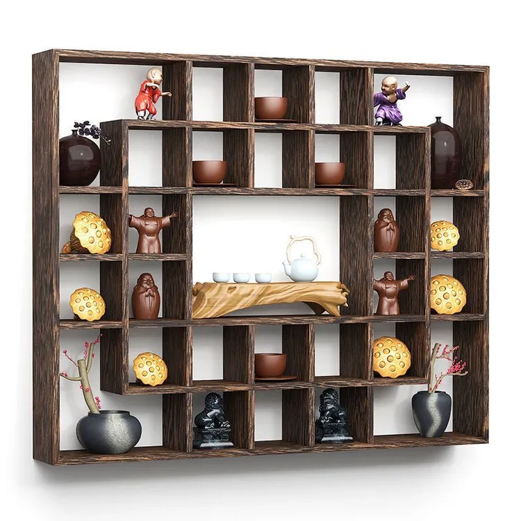 胡桃色大收纳实木置物架挂墙博古架茶壶茶具收纳升级加厚家用简约
